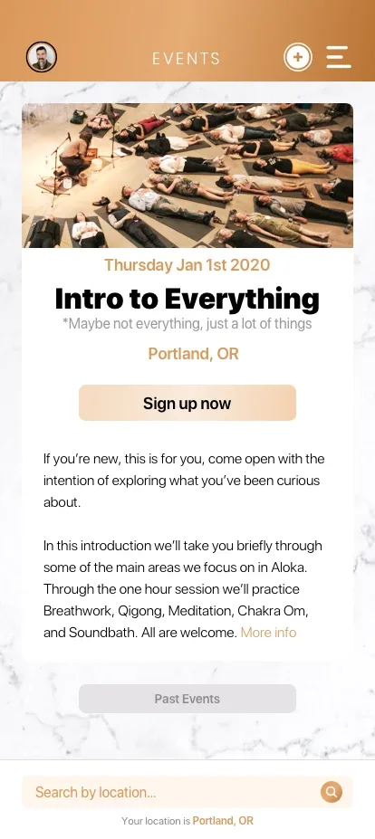 The events screen: an in-person Intro to Everything session in Portland