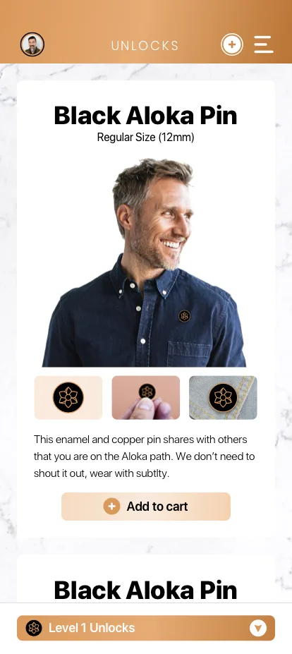 The unlocks screen: a black Aloka pin earned at level one