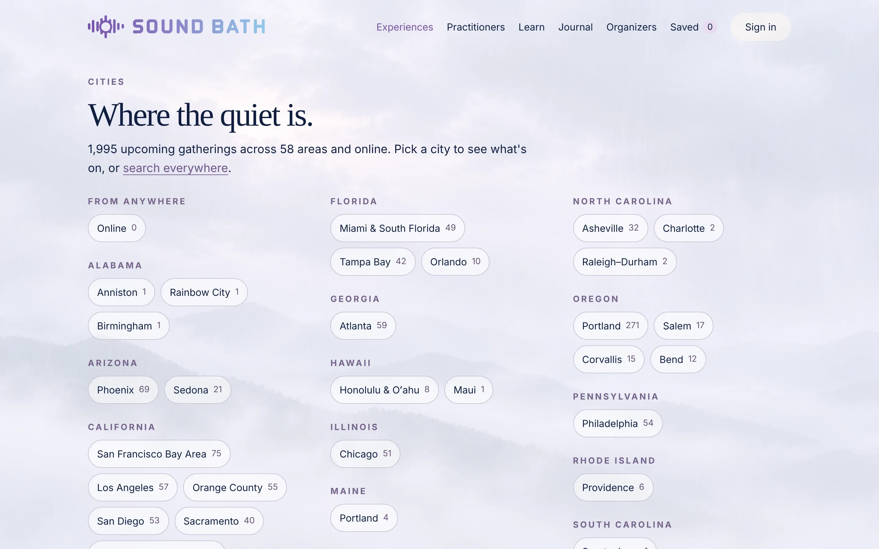 The Cities page: 'Where the quiet is.' with every city grouped by state and a count of upcoming gatherings