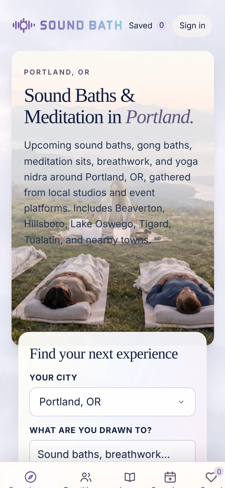The Portland page on a phone: 'Sound Baths & Meditation in Portland'