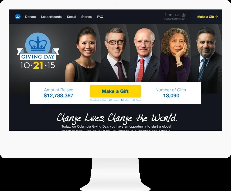 Columbia Giving Day on a desktop monitor, with the running total