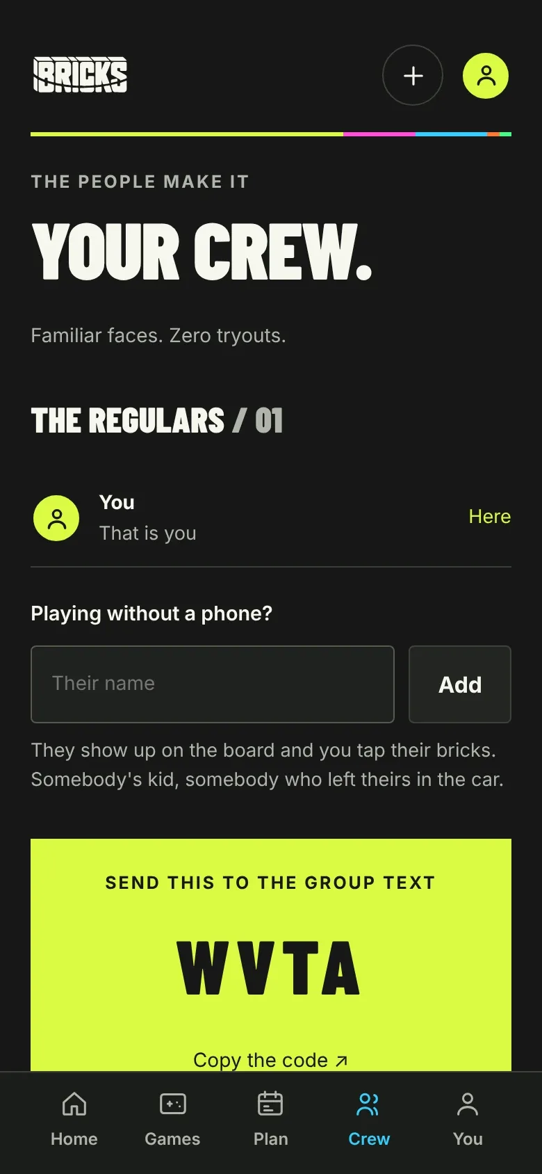 Crew: 'Your crew. Familiar faces. Zero tryouts.' with a way to add players who have no phone