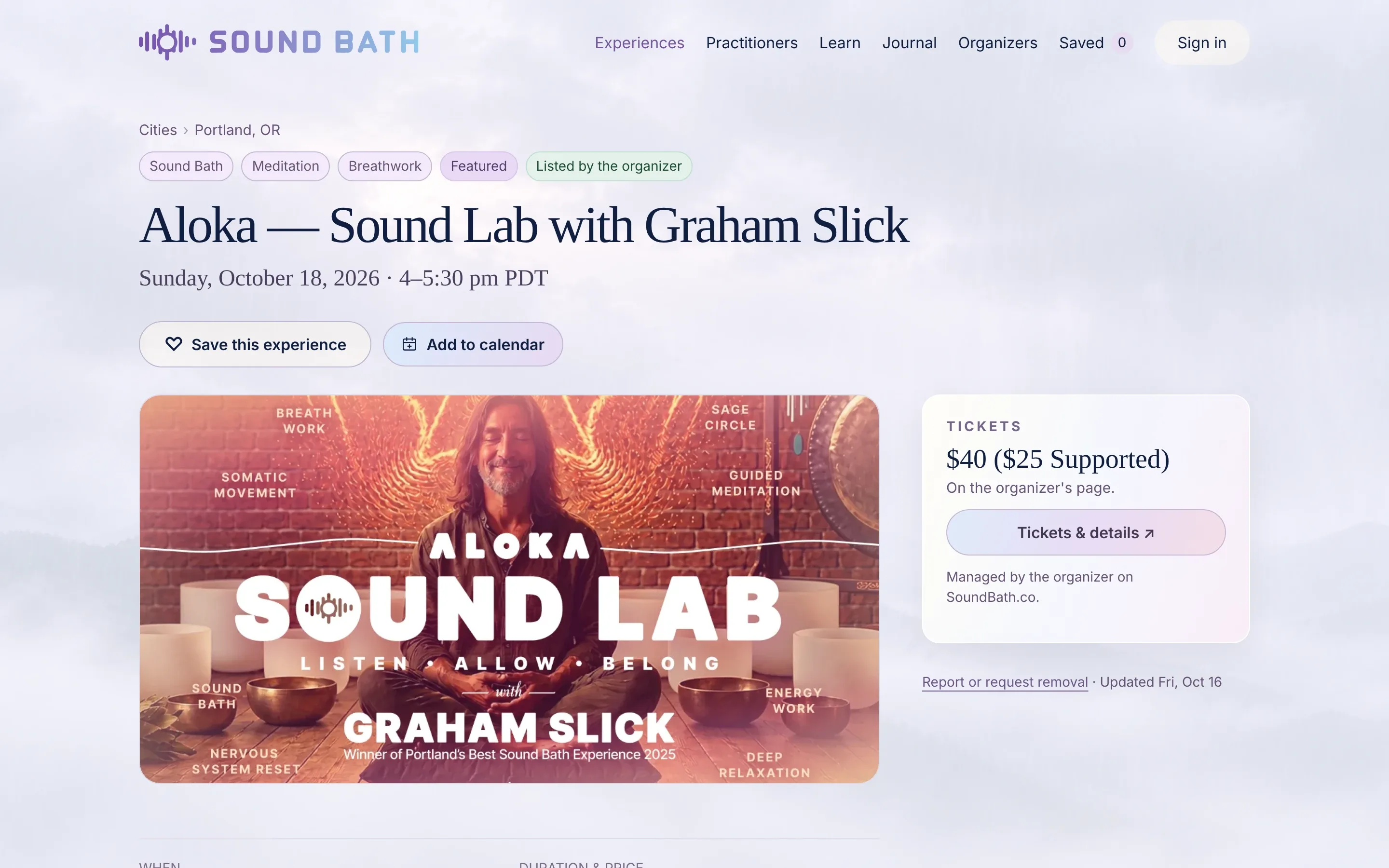 An event page for Aloka's Sound Lab with Graham Slick, with tickets on the organizer's page