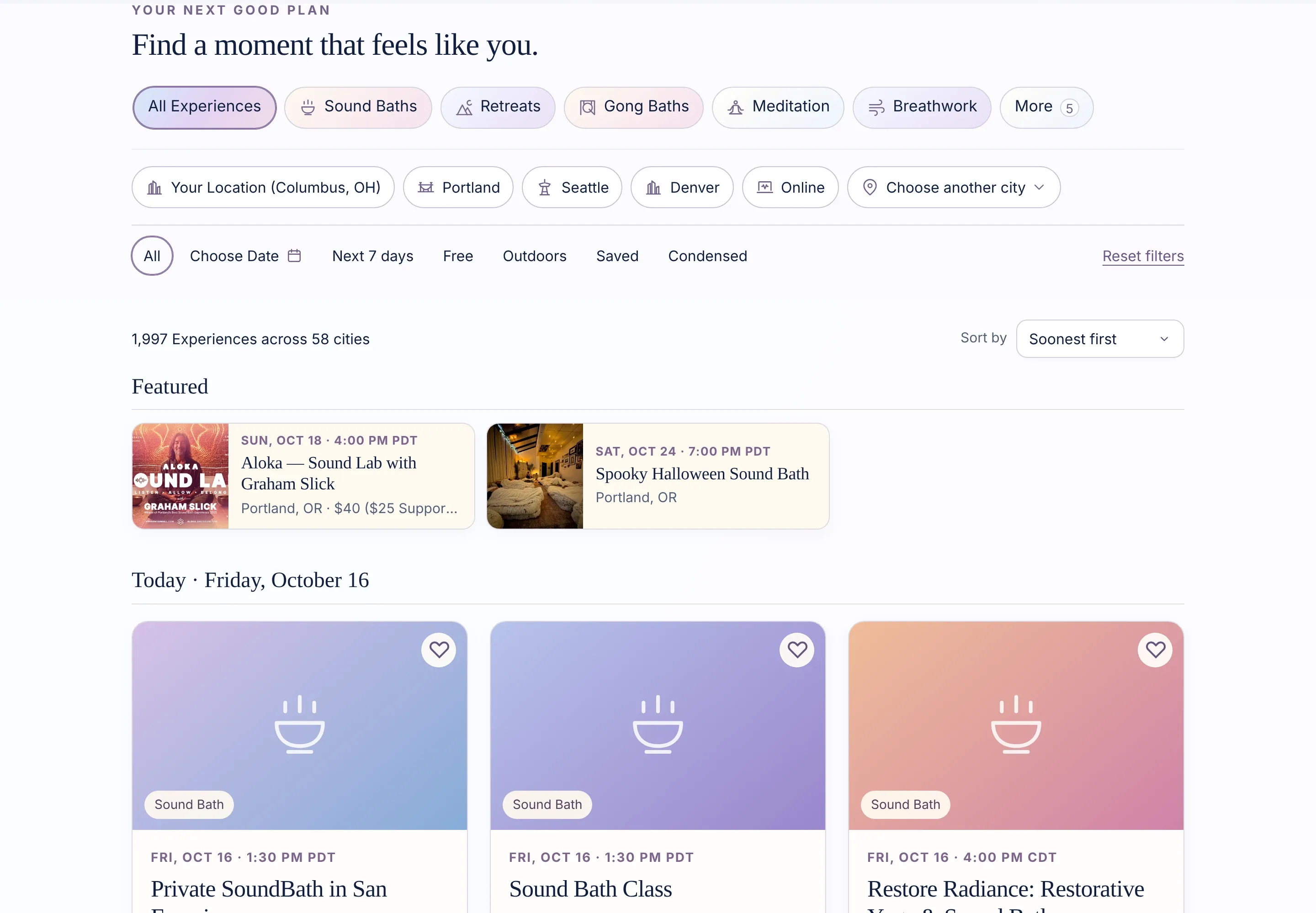 The homepage listings: filters by kind, place and date, 1,997 experiences across 58 cities, featured sessions, and today's sessions as cards