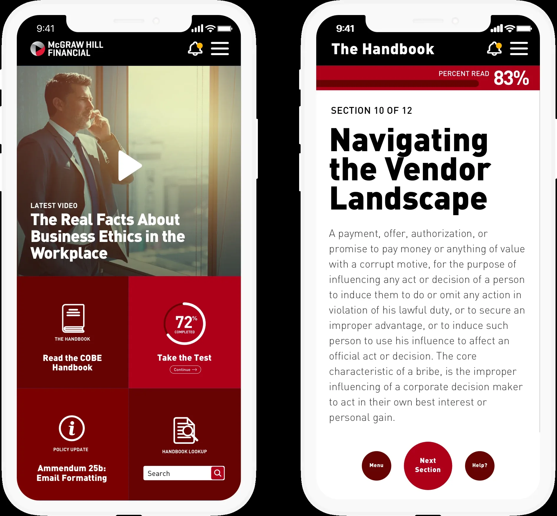 The finished app on two phones: the home screen and a handbook section, 83 percent read