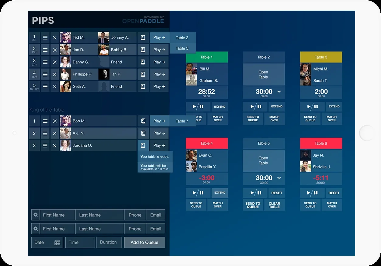 Adding players to the waitlist on a tablet