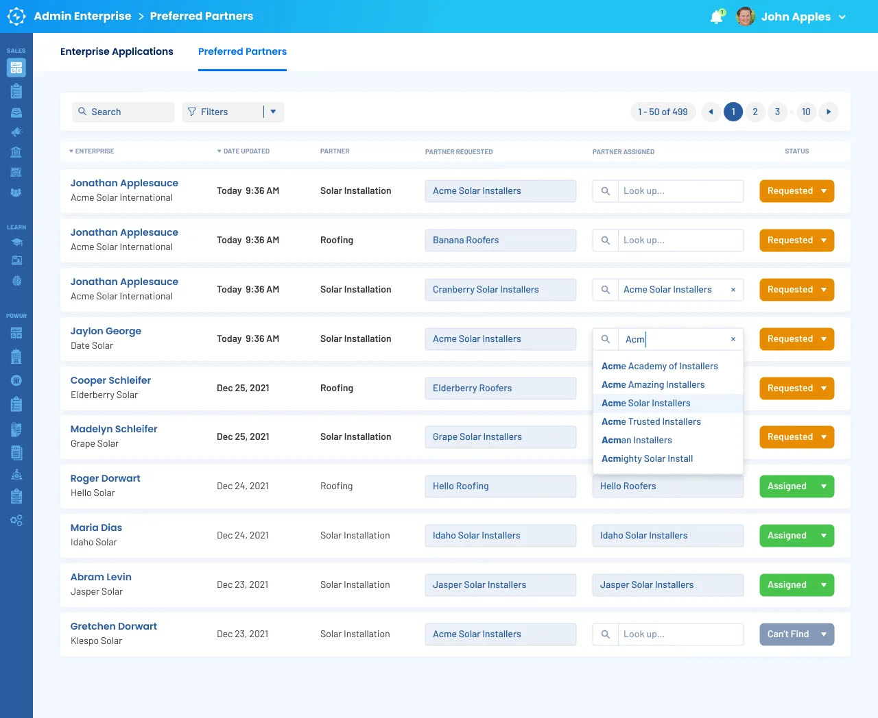 The admin view of preferred installation partners