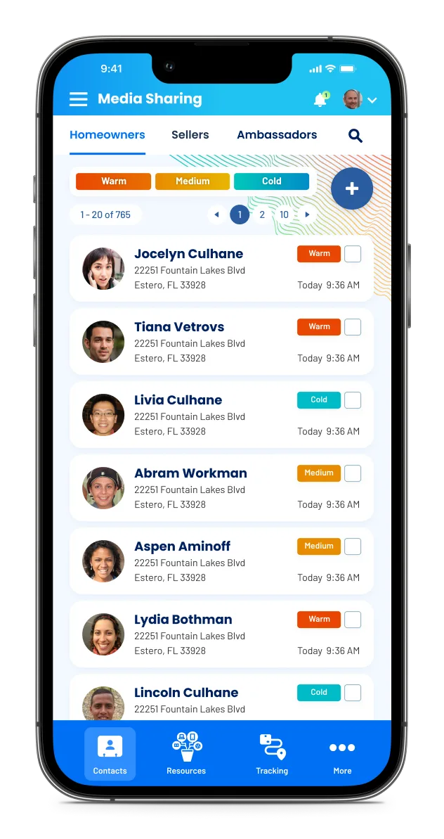 The mobile list of a seller's homeowners