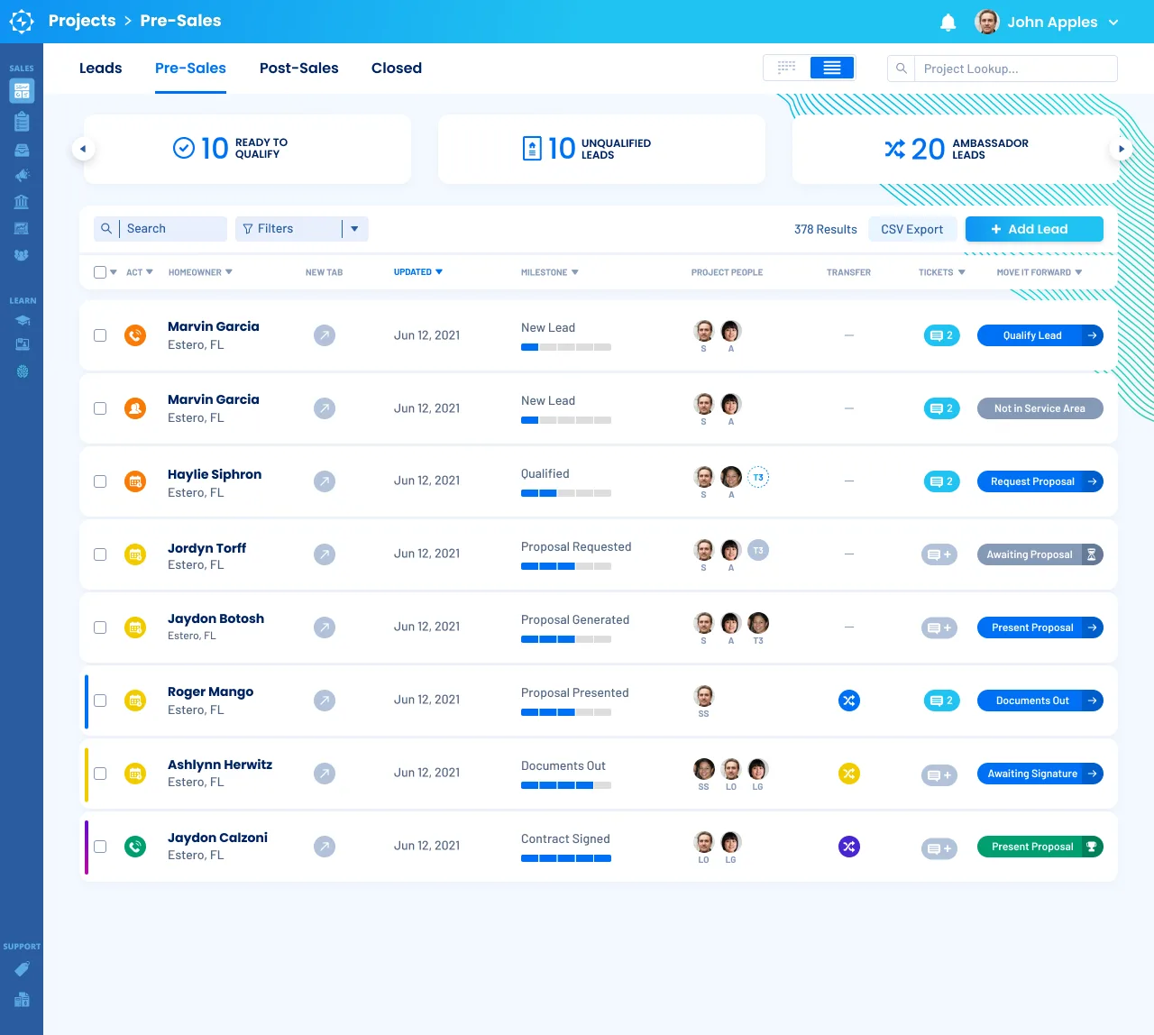 The seller's list of pre-sales projects