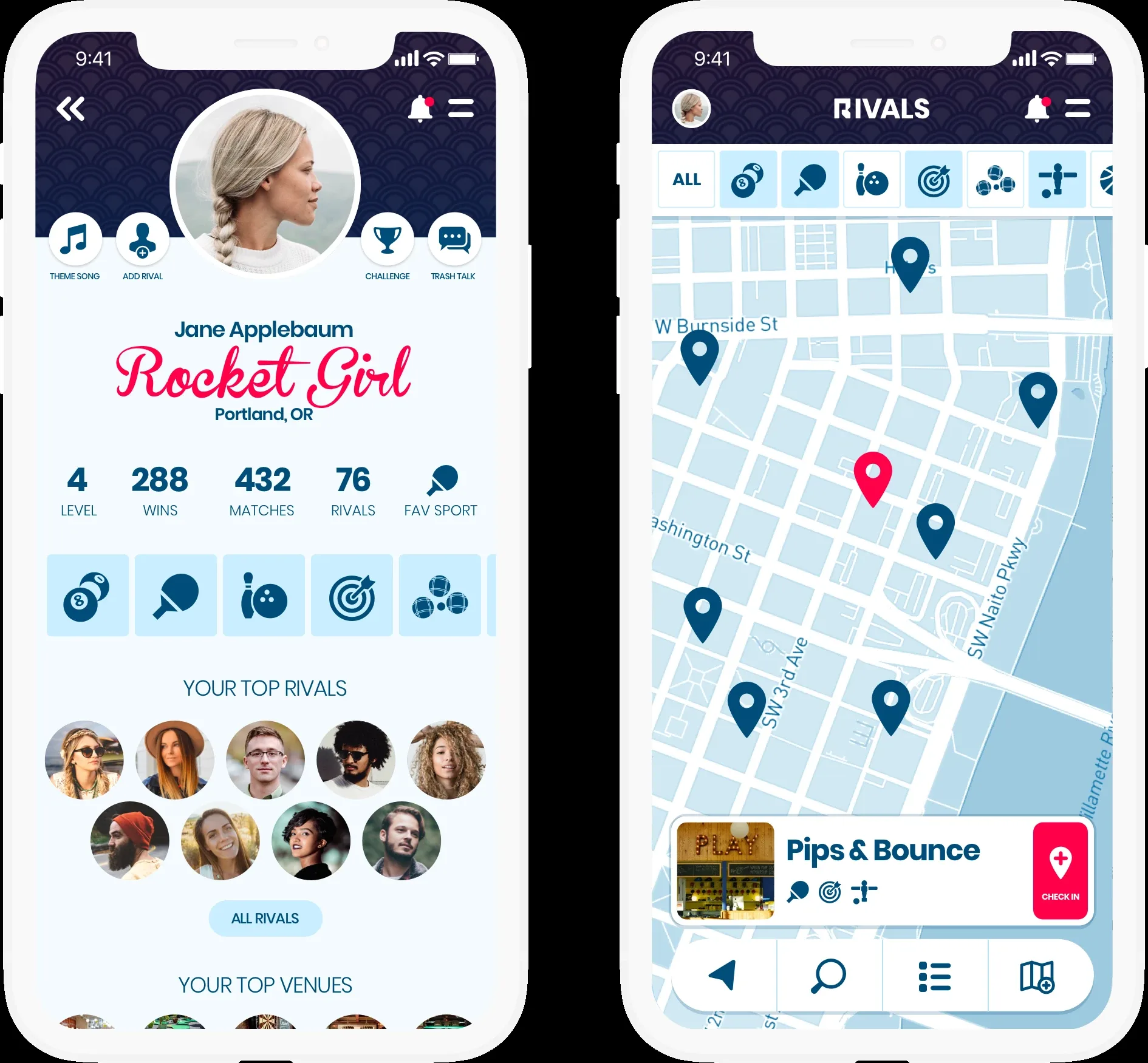 The finished app on two phones: a player profile and a map of nearby bars with games