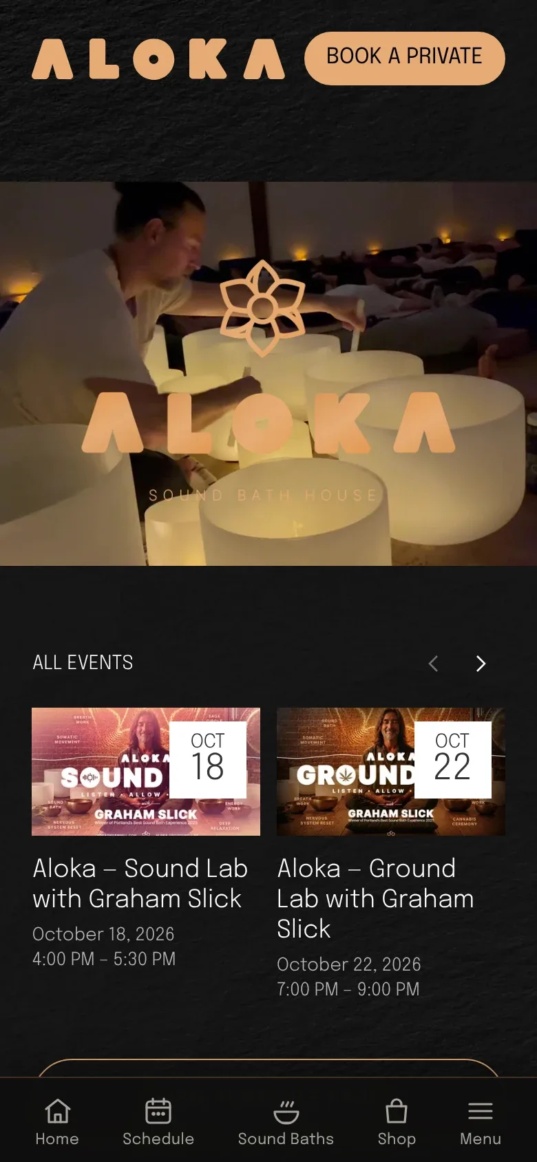 aloka.org on a phone, with upcoming sessions